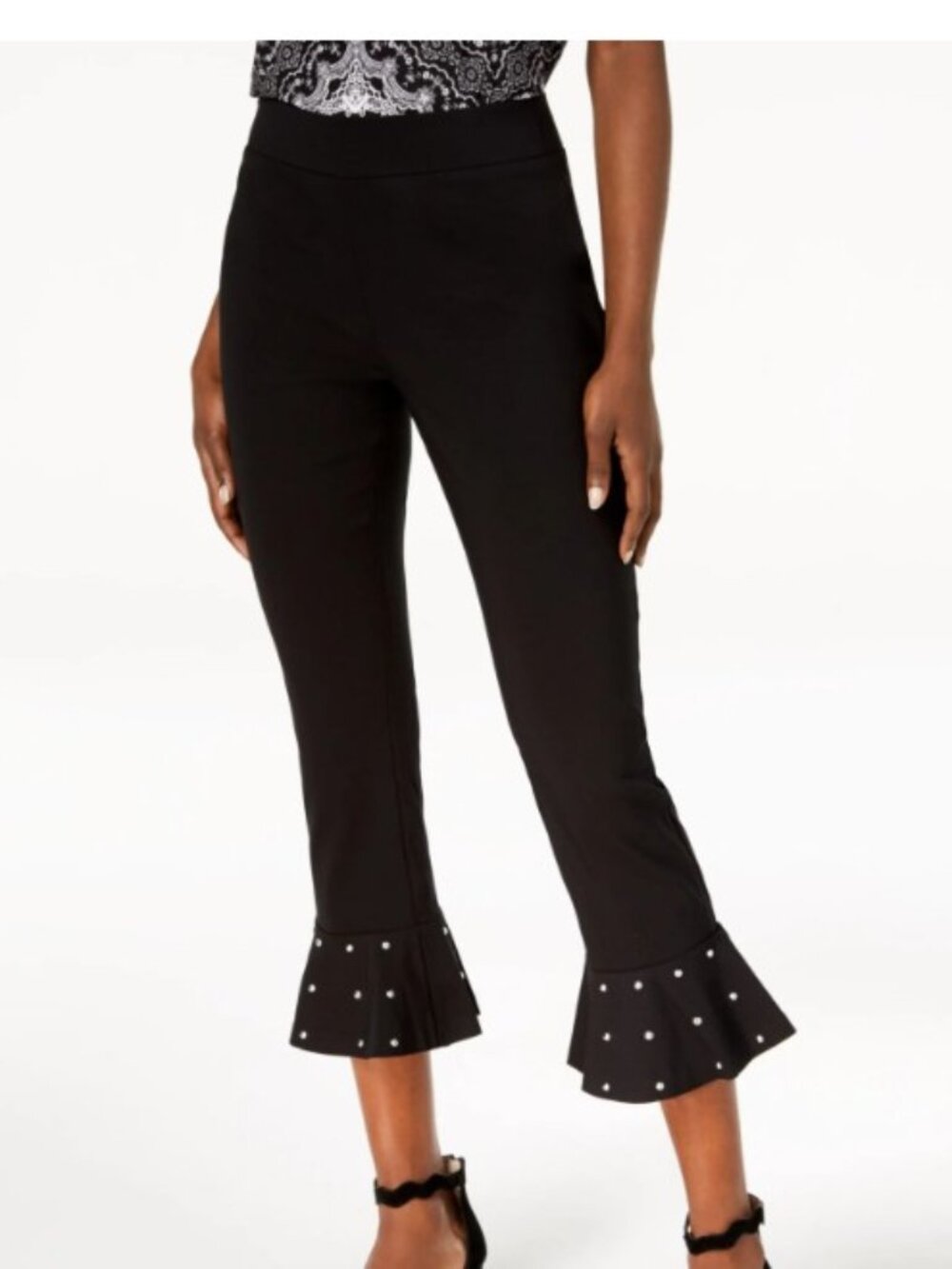 INC International Concepts Black Ruffle Hem Crop Pants Gold Stud Skinny Size 12
